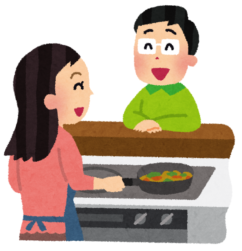 調理中の家族とリビングで会話する様子のイラスト。キッチンリフォームのポイント説明用。