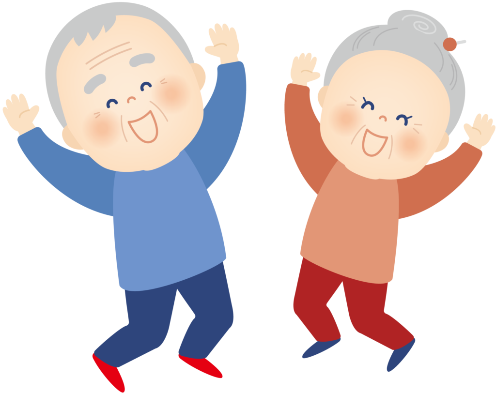 元気な高齢者が喜ぶ様子。