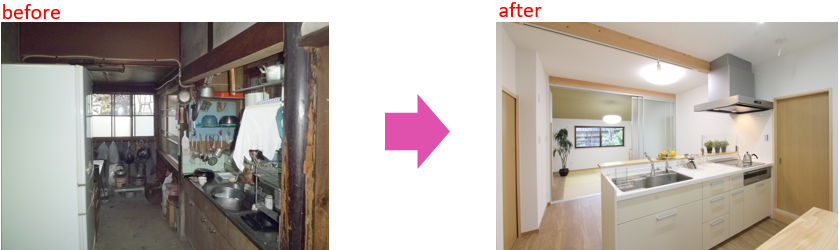 キッチン Before：「収納が少なく暗い印象の昔ながらのキッチン」

キッチン After：「TOTOクラッソW2400を採用した、白を基調としたシステムキッチン」