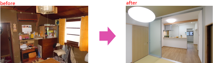 内装 Before：「古さが目立ち、生活感が強く出ていた居室」

内装 After：「リフォーム後の明るい内装とLDK。家族が集まれる開放的な空間」