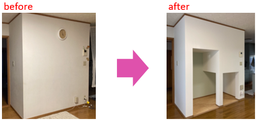 大和高田市での内装リフォーム施工前。リフォーム前の階段下壁面の様子。
→
大和高田市での内装リフォーム施工後。階段下を活用したワンちゃん専用ペットルーム。