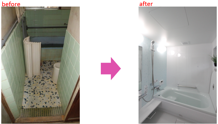 浴室 Before：「タイル張りの古い浴室。冬場は寒く手入れも大変な状態」

浴室 After：「TOTOサザナTタイプ1620を導入した明るく快適な浴室」